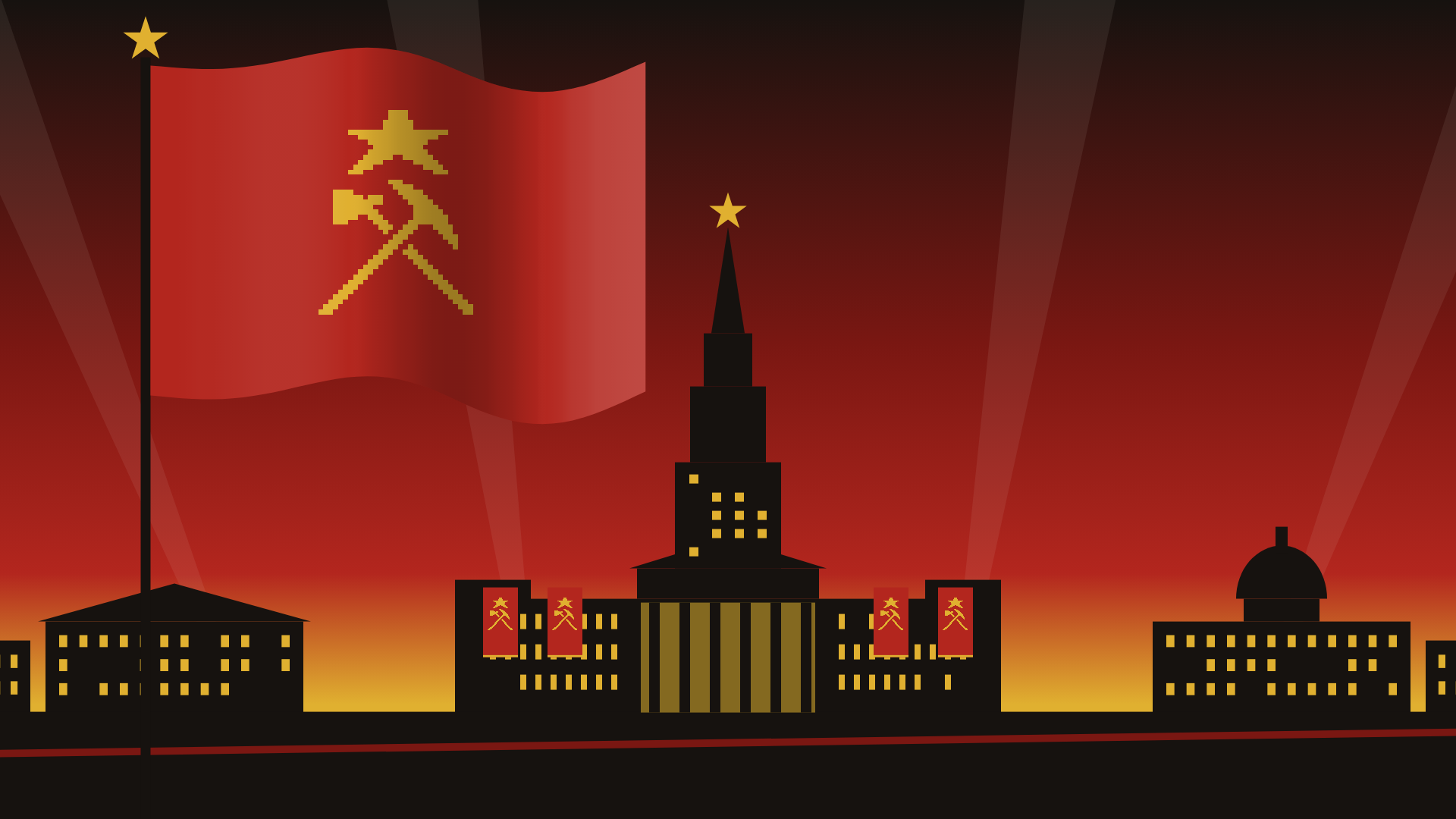 The Square: The flag over the Square of the Revolution at dusk: the Council Hall with its tower and star, banners on the facade, searchlights; the emblem in its pixel rendering, as in the game.