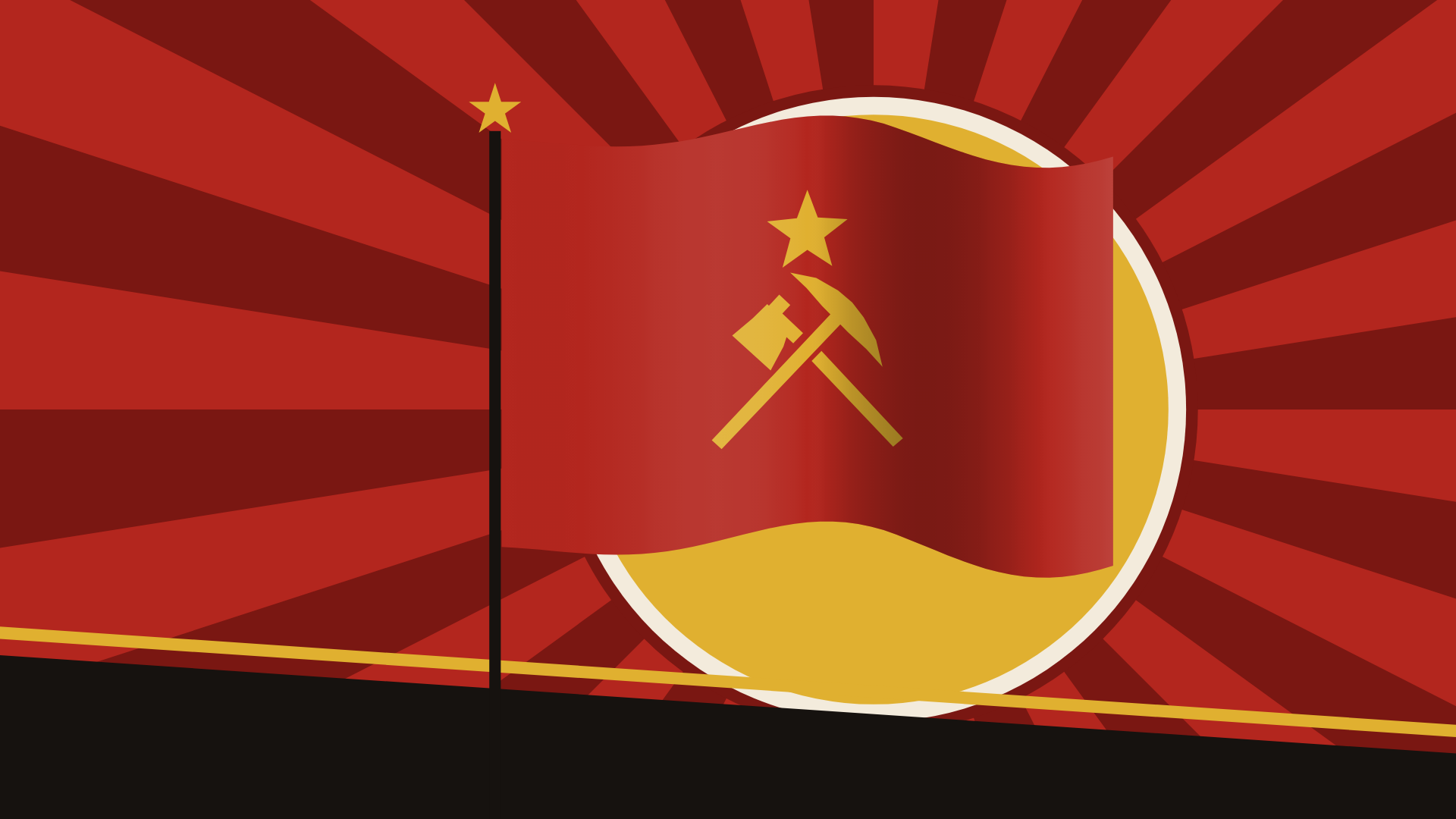 Sunrise: The flag on its pole before a gold sun, red rays all around.