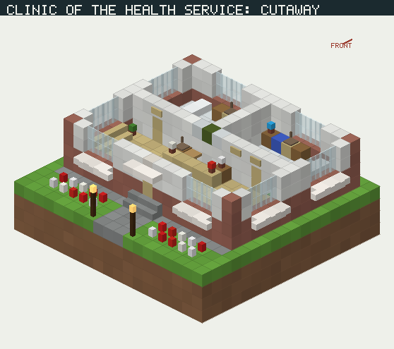 Clinic of the Health Service, cut open to show the rooms inside