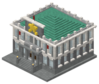 The Common Stores and the State Bank drawn from the front: a grey stone ground floor under white upper storeys, a porch over steps, a gold star on the facade and a green copper roof.