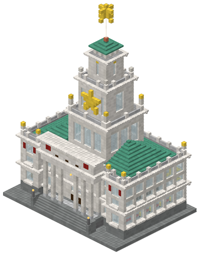 The Council Hall drawn from the front: a white classical hall with a columned portico and broad steps, green copper roofs, and a tower in stepped stages crowned with gold stars.