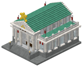 The People's Court drawn from the front: a white hall with a temple front of columns over broad steps, a gold star on the pediment and a long green copper roof.