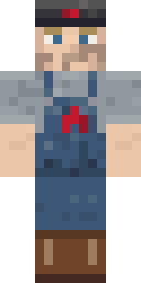 People's Assessor, from the front: A lay judge from the factory: blue bib overalls with a red star over a grey work shirt, sleeves rolled up, and a cloth cap.
