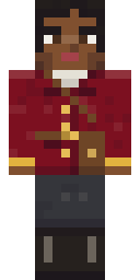 Chronicler of the Commonwealth, from the front: The chronicler in a deep red jacket with a satchel on a strap, a ponytail and a pencil behind the ear.