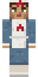 Nurse of the Health Service, from the front: The nurse in a blue-grey dress under a white apron with a red star, a white kerchief with a red star, and white shoes.