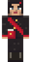 Secretary of the Council of People's Commissars, from the front: The Secretary in a black tunic cut by a red band from shoulder to hip, as on a constructivist poster, with gold buttons and red cuffs, a black beret with a red star, a black bob and the red folder of the decrees.