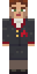 Court Clerk, from the front: The registrar of the People's Court in a dark jacket with deep red facings over a white blouse, hair in a bun.