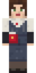 Court Secretary, from the front: The keeper of the record in a dark pinafore dress over a white blouse with a red star brooch, black sleeve protectors, a red folder and a pencil.