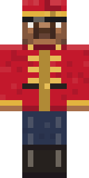 Herald, from the front: The Herald in a red tunic with gold braid, the hammer and sickle in gold on the back, and a red cap with a gold star.