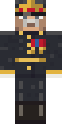 Keeper of the Hall of Honour, from the front: The Keeper in a near-black dress tunic with gold belt and shoulder boards, medals, white gloves and a white moustache.