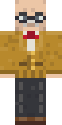 Librarian of the People's Library, from the front: An elderly librarian in a mustard cardigan and red bow tie, square spectacles and a white moustache.