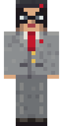 Professor of Architecture, from the front: An architect in a light grey suit and red tie, a black bob under a beret with a star, square black spectacles.
