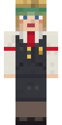 State Bank Teller, from the front: The teller in a white blouse with red sleeve garters, a dark waistcoat and a green eyeshade.