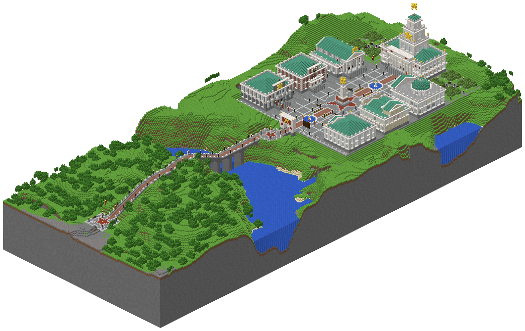The way from spawn drawn from above at an angle: the small spawn plaza in the forest, the causeway climbing over a wooded ridge, the bridge on piers across the strait, and the square with its white buildings on the plains beyond.