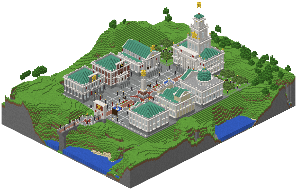 The Square of the Revolution drawn from above at an angle, from the side facing spawn: the bridge lands on a round plaza, the road passes a gateway arch onto the paved square with its monument and fountains, three buildings stand on each side, and the Council Hall with its tower closes the far end, on green plains above the water of the strait.